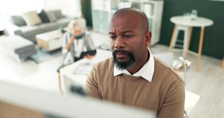 Poster - Mature, businessman and thinking of solution in office for financial growth and company profit with whiteboard. Boss, black person and problem solving on investment report with planning and strategy