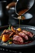 © MUNUGet Ewa - upscale, pricey, gourmet supper chef cuisine on a dark, black plate