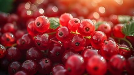 Sticker - Close Up of Fresh Red Currants With Dew Drops in Sunlight