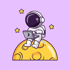 Wall Mural - cute astronaut working with laptop on moon with star cartoon vector icon illustration. science techn
