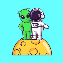 Wall Mural - cute astronaut with alien standing on moon cartoon vector icon illustration. science technology icon