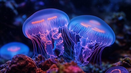 Jellyfish with neon glow light effect in aquarium, ibioluminescent jellyfish