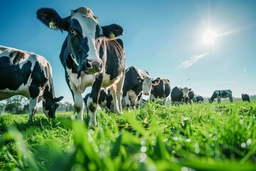 Wall Mural - Holstein cows can be seen walking slowly towards the pasture, with morning dew still visible on the grass.