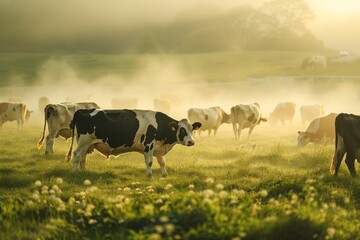 Wall Mural - Holstein cows in Irrigated Land, calmness, Comport, High Angle View,Side Angle,Left side view