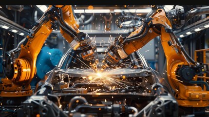 Leinwandbilder - Two robotic arms are welding a car body in a factory. The arms are orange and black, and the sparks from the welding process are flying off in all directions.