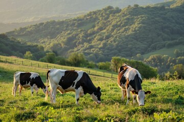 Wall Mural - Holstein cows in Pastureland, calmness, Comport, High Angle View,Side Angle,Left side view