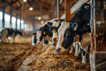 Wall Mural - The milking process of Holstein cows, inside the cowshed, at a farm., Side Angle,Left side view