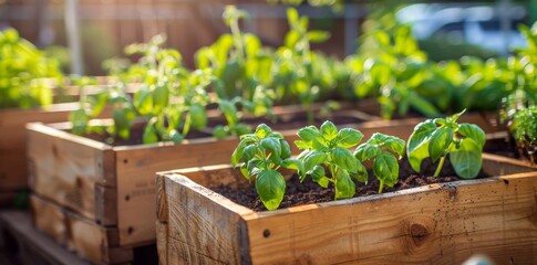 a detailed picture of a garden with raised beds full of herbs and vegetables with basil plants in th