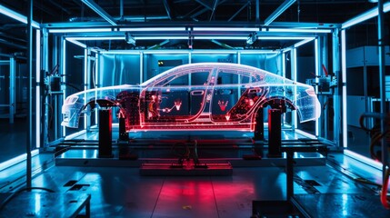 Leinwandbilder - A digital car model is displayed on a platform in a factory setting. The model is illuminated with blue and red lights, creating a futuristic and modern atmosphere.
