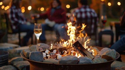 Sticker - As the sun sets guests gather around a fire pit toasting marshmallows picked from a nearby orchard.