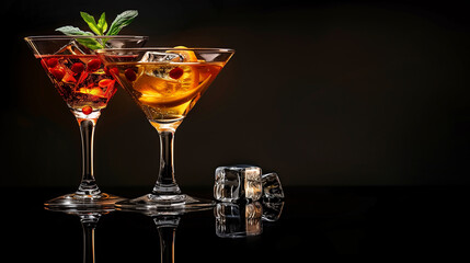 Canvas Print - Two martinis are sitting on a table with a black background