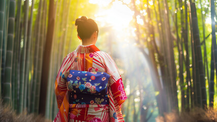 Poster - 嵐山の竹林を歩く浴衣姿の若い女性