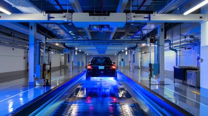 Poster - A car is being moved by an automated parking system in a modern building. The car is positioned on a moving platform, which is illuminated by blue lights.