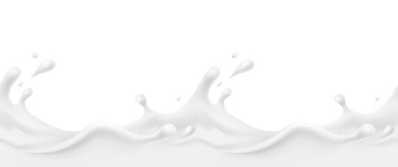 Wall Mural - milk splash seamless pattern. 3d realistic yogurt wave border isolated on white background. vector m