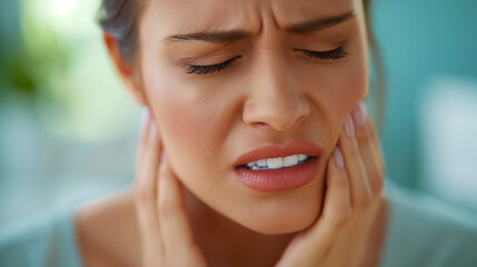 Wall Mural - A woman suffers from tooth sharp pain and headache  and puts her hand on her cheek . A woman suffers from severe toothache 