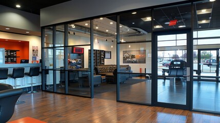 Aufkleber - A modern office with glass walls and a sleek, minimalist design. The space features comfortable seating, a sleek waiting area, and a view of the exterior through large windows.