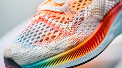 A closeup of the side of the running shoe showcases its unique design. The upper part is made of a breathable mesh material while the midsole features a gradient of colors indicating