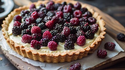 Wall Mural - An intricate tart filled with wild black raspberries and a layer of creamy tangy goat cheese.