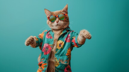 Wall Mural - Cat wearing colorful clothes and sunglasses dancing on the green background