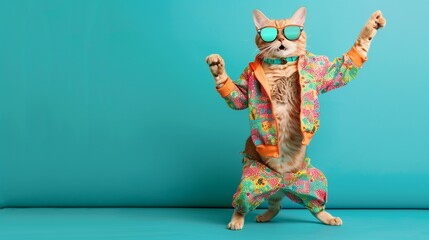 Sticker - Cat wearing colorful clothes and sunglasses dancing on the green background