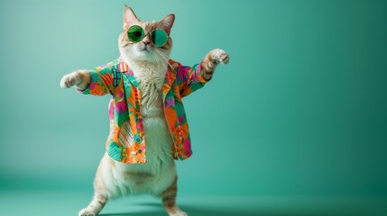 Poster - Cat wearing colorful clothes and sunglasses dancing on the green background