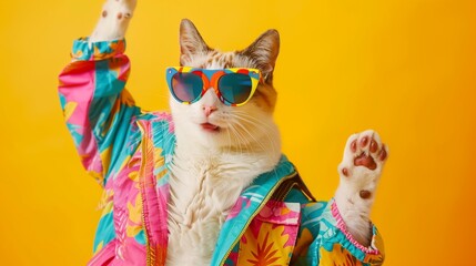 Wall Mural - Cat wearing colorful clothes and sunglasses dancing on yellow background