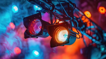Poster - A close-up of a stage light with colored filters attached