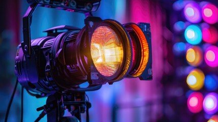 Poster - A close-up of a stage light with colored filters attached