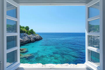 Beautiful view from open window of room hotel overlooking blue sea with clean crystal water in sunny day, mediterranean scenic landscape