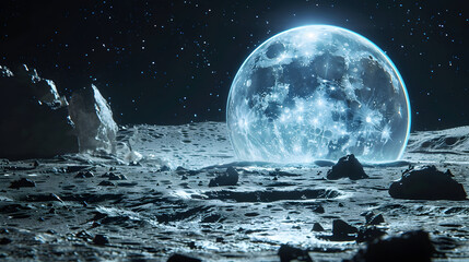 Wall Mural - space station on moon against blue planet earth
