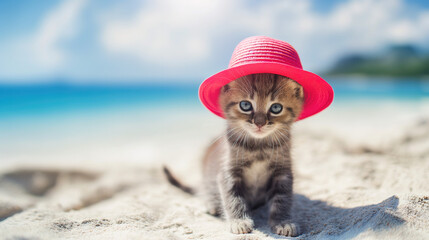 Cute kitten wearing a pink hat on the beach, with a blue sea and sky background, depicting a summer vacation concept. Cute animal wallpaper 