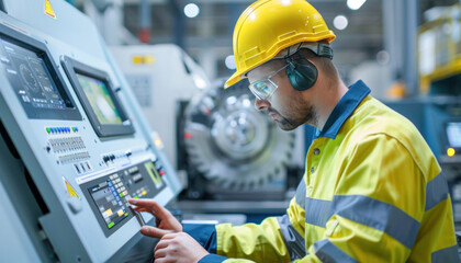 Wall Mural - In a factory, a man dressed in workwear with a hard hat and safety glasses is operating a machine