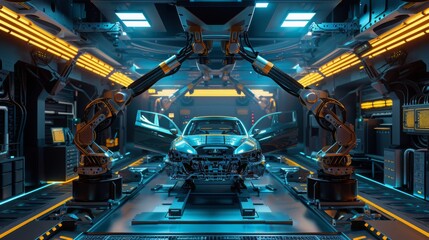 Aufkleber - An image depicting a futuristic car manufacturing assembly line with robotic arms working on a car chassis. The image is set in a high-tech factory with bright blue and yellow lights.