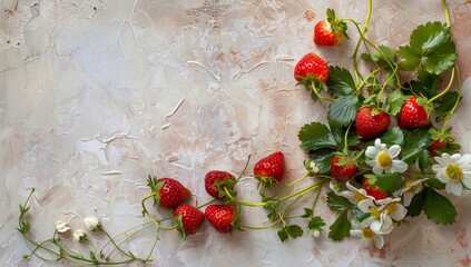 Wall Mural - A white background with ripe strawberries and flowers in the hair.