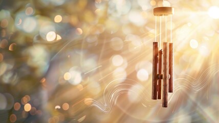 Wall Mural - wooden wind chimes hanging, glistening in sunlight among nature