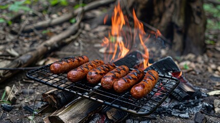 Wall Mural - Plump grilled sausages sizzle on a makeshift grill over the campfire filling the air with a mouthwatering smoky aroma.