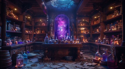 A Mysterious Alchemists Laboratory Filled With Potions and Books