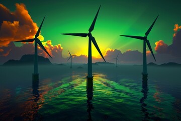 Offshore Wind Turbines at Sunset with Green Sky Highlighting Renewable Energy and Marine Sustainability