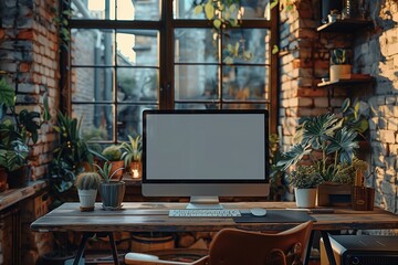 Poster - Modern Workspace With Computer and Plants Near Window