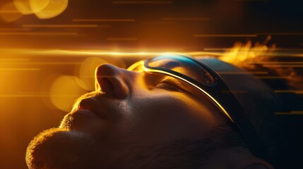 Wall Mural - Close-up of a futuristic man wearing virtual reality glasses, illuminated by orange light streaks in a dark background.