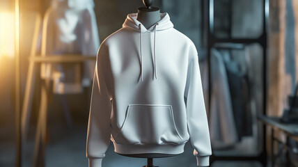 Advertisiment shot, gray sports hoodie as no brand mockup on a mannequin in the shop with other cloth at the background. High quality photo