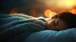 © stockpro - A serene image of a woman peacefully sleeping under a cozy blanket with a warm, ambient light in the background, creating a tranquil atmosphere.