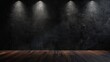 © AminaDesign - The stage design features a wooden floor, modern spotlights, and dark backdrop, creating a minimalist look ideal for art exhibitions or conferences, emphasizing sleekness and versatility