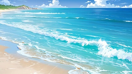 Sticker - Tranquil seascape with ocean waves crashing on sandy beach under a blue sky with white clouds. Calm, idyllic summer vacation beach.