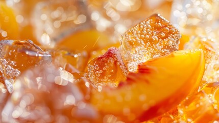 A close-up of ice cubes with pieces of peach and apricot floating in a glass of iced tea