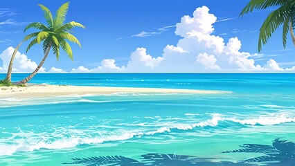 Wall Mural - Tropical beach with white sand, palm trees, turquoise water, and blue sky with fluffy clouds. Concept of vacation, relaxation, summer, and paradise.