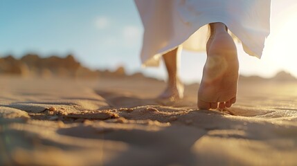 Wall Mural - A person is walking on a sandy beach with the sun shining on their feet