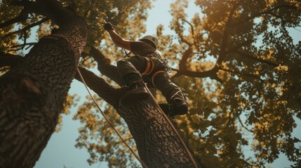 low angle camera of professional engineer climbing a large tree wearing safety gear and safety helme