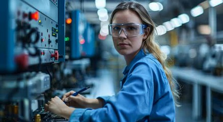 Poster - Female technician working in a laboratory on electronic components with focused precision. Technical expert wearing safety glasses.