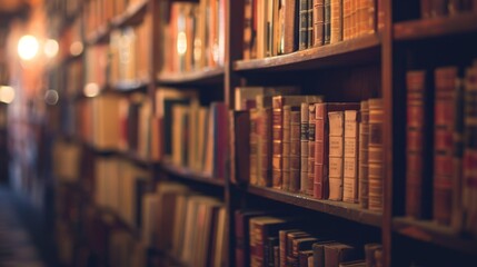 A softly dimmed library showcases rows of vintage books on shelves, fostering a tranquil and reflective atmosphere suitable for peaceful reading and study.